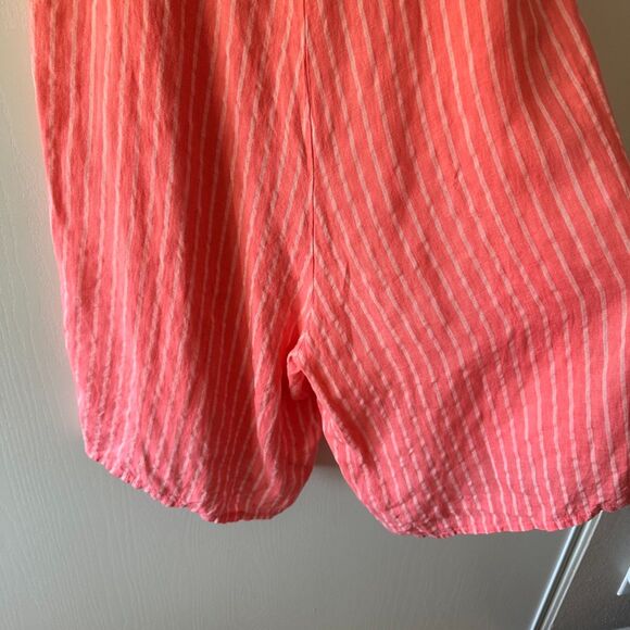 Made in Italy Linen Striped Romper Jumpsuit Coral Pink Tie Strap Boho Resort M/L - Picture 4 of 8